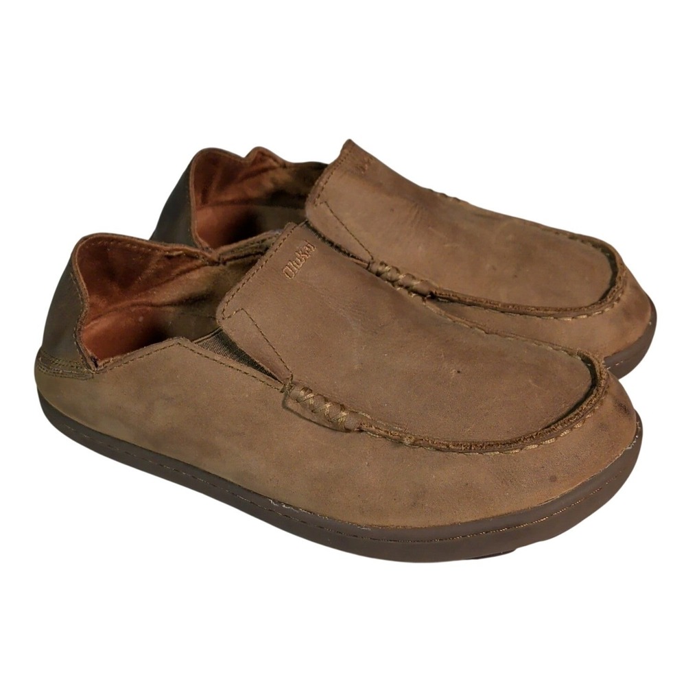 Olukai Moloa Shoes Boys Size 3 Kids Brown Premium Leather Easy Slip On Loafers